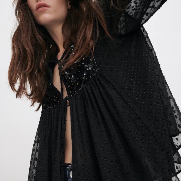 Zara Plumentis Bolero Sequin Dot Mesh Tasseled Black Party Jacket 5107/070 Sz XS - Picture 2 of 14